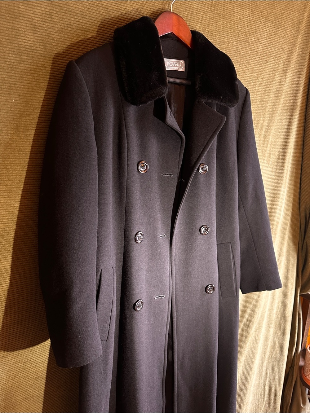 1980s Wool Blend Maxi Coat Black Double Breasted Faux Fur Collar Made in Canada